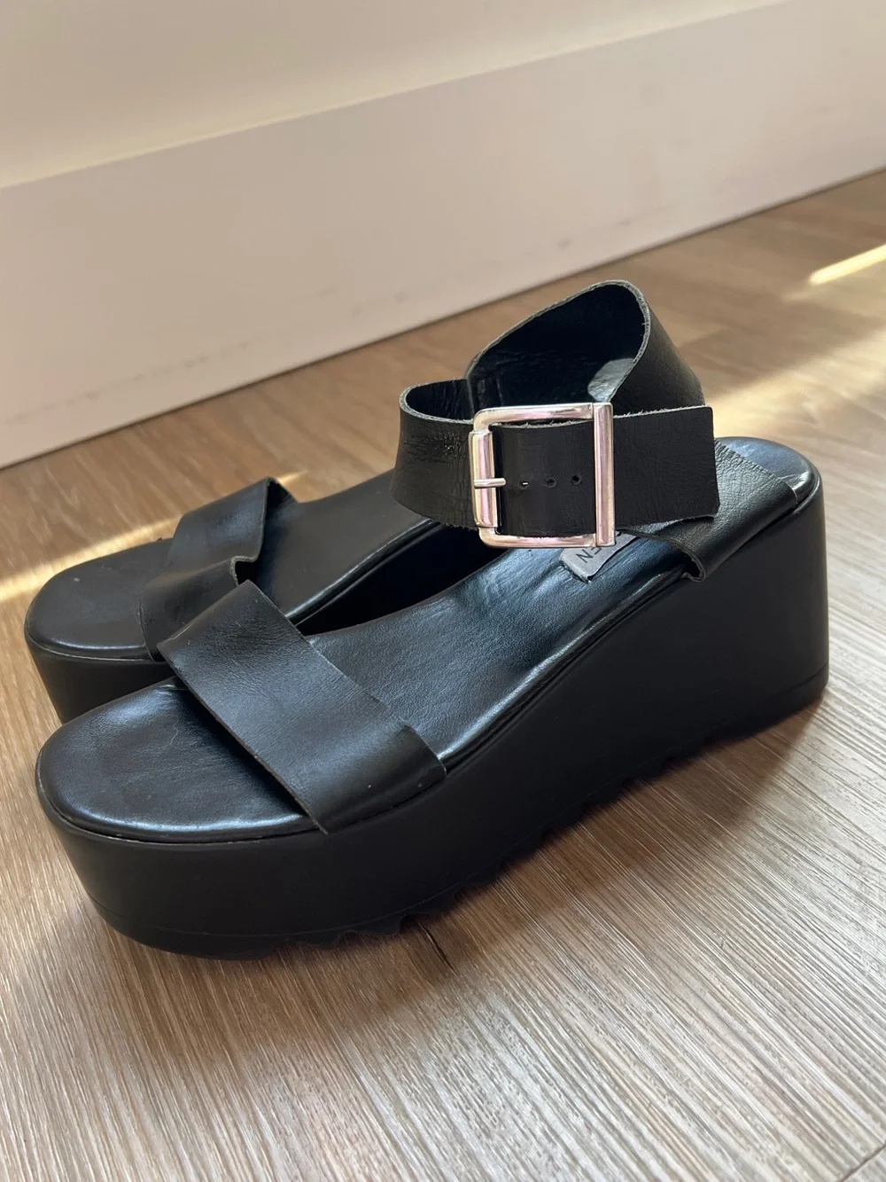 Steve Madden Black Platform Sandals with Silver Buckle